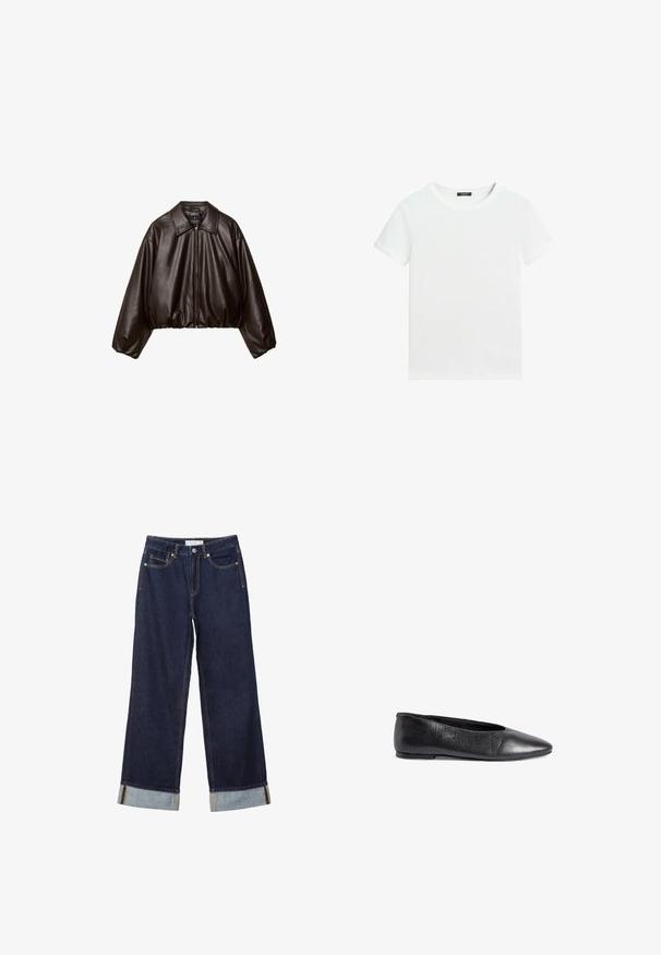 Brun faux læder cropped jakke med krave, lynlås-lukning og pufferærmer, med en glat tekstur og elastisk talje.; Almindelig hvid T-shirt med korte ærmer, rund halsudskæring og lille sort label inden i kraven.; Mørkeblå vidde jeans med omslag ved buksebenet, forreste knap, lynlås og design med fem lommer.; Sort læderballetsko med spids tå, glat tekstur, minimalistisk design og en svag hæl for stabilitet.