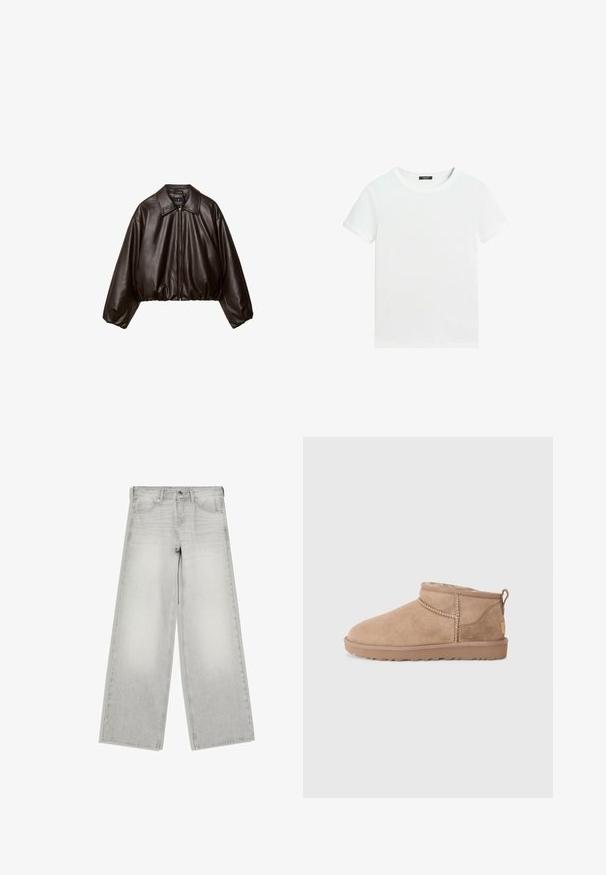 Brun faux læder cropped jakke med krave, lynlås-lukning og pufferærmer, med en glat tekstur og elastisk talje.; Almindelig hvid T-shirt med korte ærmer, rund halsudskæring og lille sort label inden i kraven.; Lysegrå jeans med vide ben, knap- og lynlås-lukning, forlommer og bæltestropper, vist fladt på en hvid baggrund.; Brune ruskinds ankler støvler med blød indvendig foring, quiltede detaljer og en struktureret gummisål for godt greb. Sløjfe bagpå for nem påtagning.