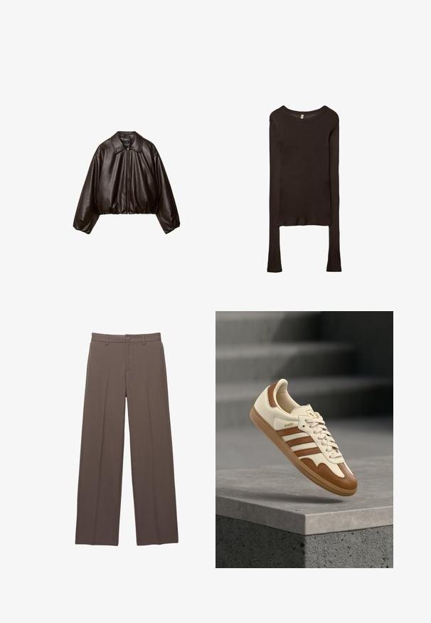 Brun faux læder cropped jakke med krave, lynlås-lukning og pufferærmer, med en glat tekstur og elastisk talje.; Langærmet, tætsiddende top lavet af mørkebrun stof. Rund halsudskæring, glat tekstur og let forlængede ærmer uden manchetter.; Brune skræddertræningsbukser med bæltestropper, knaplukning og frontplissering på en hvid baggrund.; Klassisk sneaker med øverste del i cremefarvet læder, brune accenter, tre striber og en tekstureret gummisål. Har en rundet snude og snørelukning.