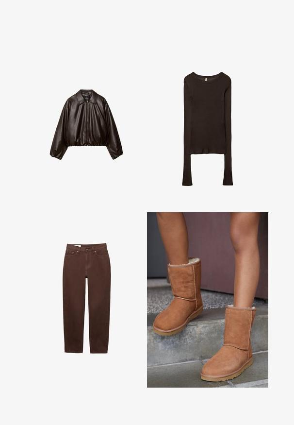 Braune Kunstleder-Cropped-Jacke mit Kragen, Reißverschluss und gepufften Ärmeln, aus glattem Material und mit elastischem Bund.; Langärmliges, tailliertes Oberteil aus dunkelbraunem Stoff. Runder Ausschnitt, glatte Textur und leicht verlängerte Ärmel ohne Bündchen.; Braune Jeans mit geradem Bein, vorderem Knopf- und Reißverschluss sowie einem Fünf-Taschen-Design auf weißem Hintergrund.; Braune Wildleder-Stiefeletten mit runder Spitze, weicher Innenausstattung und Gummisohle, die über sichtbare Nähte entlang der Nähte verfügen.