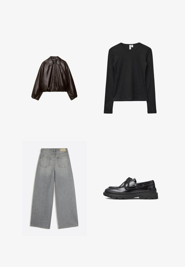 Brun faux læder cropped jakke med krave, lynlås-lukning og pufferærmer, med en glat tekstur og elastisk talje.; Langærmet sort T-shirt lavet af blødt stof, med rund hals og et simpelt design, uden synlige mønstre eller pynt.; Grå vidbenede denimjeans der viser bagsiden med to lommer og bæltestropper lagt fladt på hvid baggrund.; Sorte læder bådsko med rund tå, snørebåndsdesign, syninger og en kraftig gummisål med et tekstureret grebmønster.