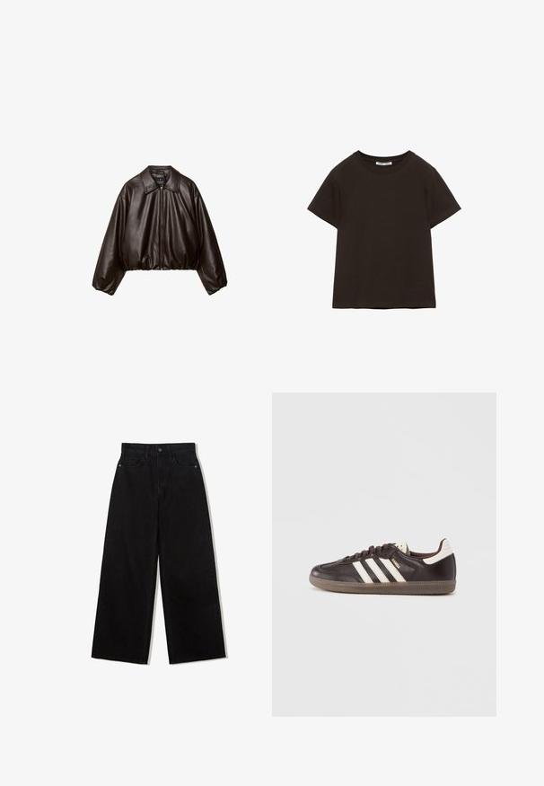 Braune Kunstleder-Cropped-Jacke mit Kragen, Reißverschluss und gepufften Ärmeln, aus glattem Material und mit elastischem Bund.; Schlichtes schwarzes T-Shirt mit kurzen Ärmeln und Rundhalsausschnitt, flach liegend, mit sichtbarem Halsbandetikett.; Schwarze, weit geschnittene Jeans aus Denim mit hoher Taille, die ein Fünf-Taschen-Design und einen einzelnen Knopfverschluss vorne aufweist.; Dunkelbraune Ledersneaker mit weißem Drei-Streifen-Design, einer Gummisohle und dem Schriftzug "Samba" in goldener Schrift an der Seite. Klassische, niedrige Form.