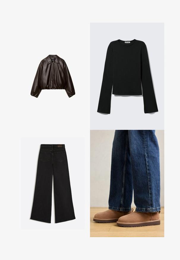 Brun faux læder cropped jakke med krave, lynlås-lukning og pufferærmer, med en glat tekstur og elastisk talje.; Sort langærmet rundhalset skjorte med en figursyet silhuet og let udvidede ærmer, mærket med "Weekday" brandetiketten ved halsudskæringen.; Sort vidde jeans med baglommer og bæltestropper på linningen, set bagfra.; Brune ruskinds ankelstøvler med flad sål, rund tå og en lille træktab, parret med blå denimjeans med lige skæring.