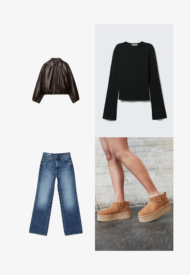 Veste cropped en simili cuir marron avec col, fermeture éclair et manches bouffantes, présentant une texture lisse et une taille élastique.; T-shirt noir à manches longues avec col rond, silhouette ajustée et manches légèrement évasées, étiqueté avec la marque "Weekday" au niveau de l'encolure.; Jean denim bleu à jambes larges avec poches avant et poche monnaie, fermeture à boutons, et lavage délavé sur les cuisses et les genoux.; Bottines en suède marron avec une doublure en peluche, semelle épaisse en beige et une poignée à l'arrière. Surface texturée avec des détails de couture visibles.