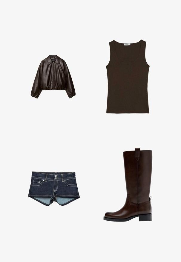 Brun faux læder cropped jakke med krave, lynlås-lukning og pufferærmer, med en glat tekstur og elastisk talje.; Ærmeløs mørkebrun ribstrikket tanktop med rund halsudskæring, vist fladt uden mønstre eller yderligere detaljer.; Denim shorts i mørkeblå med lyseblå indvendig foring, med forlommer, to knapper og kontrastsyning på taljen.; Mørkebrune knæhøje læderstøvler med lav blokhæl, trække-flap øverst og bagpå samt rundet tå, vist i sideprofil.