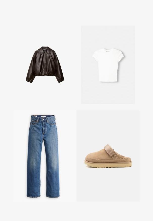 Brun faux læder cropped jakke med krave, lynlås-lukning og pufferærmer, med en glat tekstur og elastisk talje.; Hvid kortærmet t-shirt lavet af blød bomuld, med rund halsudskæring og en tætsiddende form. Ingen synlige mønstre eller udsmykninger.; Lyseblå denimjeans med høj talje, bred benstil, klassisk fem-lomme design og subtil falmning på stoffet.; Beige suedeklums med en tekstureret overdel, justerbar rem og en solid gummisål med en skridsikker mønster.