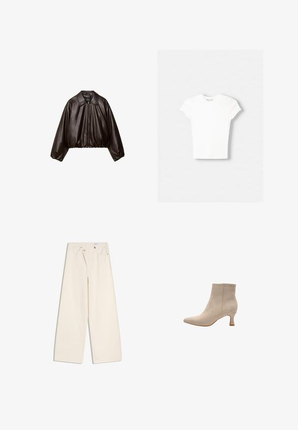 Veste cropped en simili cuir marron avec col, fermeture éclair et manches bouffantes, présentant une texture lisse et une taille élastique.; T-shirt blanc à manches courtes en coton doux, avec un col rond et une coupe ajustée. Pas de motifs ni d'ornements visibles.; Pantalon large couleur écru avec poches avant, passants pour ceinture, et boutons argentés sur la ceinture et les bords des poches.; Salinyang SALINYANG - Bottines - natur