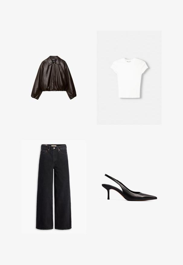 Brun faux læder cropped jakke med krave, lynlås-lukning og pufferærmer, med en glat tekstur og elastisk talje.; Hvid kortærmet t-shirt lavet af blød bomuld, med rund halsudskæring og en tætsiddende form. Ingen synlige mønstre eller udsmykninger.; Sorte brede benjeans lavet af denim, med fem lommer, kobbernitter og en klassisk knaplukning. Glat tekstur med et rent design.; NA-KD Pumps - black