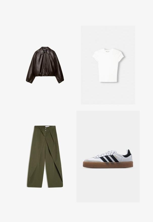 Veste cropped en simili cuir marron avec col, fermeture éclair et manches bouffantes, présentant une texture lisse et une taille élastique.; T-shirt blanc à manches courtes en coton doux, avec un col rond et une coupe ajustée. Pas de motifs ni d'ornements visibles.; Pantalon large couleur vert olive avec un devant plissé, deux poches latérales et une fermeture à boutons. Confectionné en tissu texturé.; Baskets en cuir blanc avec des rayures noires, semelle extérieure en caoutchouc beige, bout rond, fermeture lacée et embout en suède gris doux.