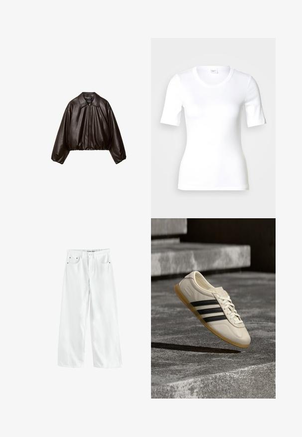 Brun faux læder cropped jakke med krave, lynlås-lukning og pufferærmer, med en glat tekstur og elastisk talje.; Hvid T-shirt med korte ærmer lavet af glat bomuld, med rund halsudskæring og en tætsiddende pasform. Klassisk design uden mønstre eller detaljer.; Hvide, vidde cowboybukser med høj talje, to forlommer og diskrete guldfarvede detaljer. Glat tekstur, afslappet design.; Hvid sneaker med sorte striber og gummisål svæver over betontrapper i blødt dagslys.