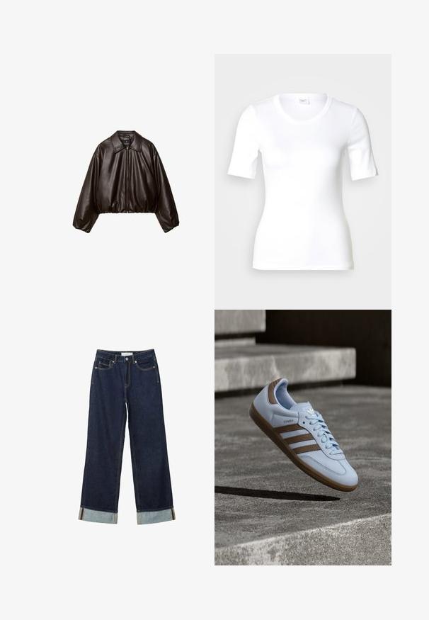 Braune Kunstleder-Cropped-Jacke mit Kragen, Reißverschluss und gepufften Ärmeln, aus glattem Material und mit elastischem Bund.; Weißes T-Shirt mit kurzen Ärmeln aus glattem Baumwollstoff, mit rundem Ausschnitt und figurbetonter Form. Klassisches Design, ohne Muster oder Akzente.; Dunkelblaue, weit geschnittene Jeans mit hoher Taille, ausgestattet mit aufgerollten Säumen, Kontrastnähten und einem Fünf-Taschen-Design. Hergestellt aus Denim-Stoff.; Hellblauer Sneaker mit braunen Wildlederakzenten, drei seitlichen Streifen, flachen Schnürsenkeln und einer strukturierten Gummisohle. Markenlogo auf der Zunge.