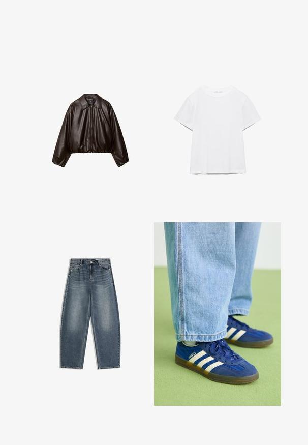 Brun faux læder cropped jakke med krave, lynlås-lukning og pufferærmer, med en glat tekstur og elastisk talje.; Hvid, kortærmet T-shirt med rund hals og lige kant, vist på en hvid baggrund.; Denimjeans i mediumblå med en løs, vid ben-design. Har klassisk fem-lomme-konstruktion og en falmet finish.; Blå ruskindsneakers med hvide striber og teksturerede mønstre, båret med lyseblå denimbukser, sat mod en grøn baggrund.