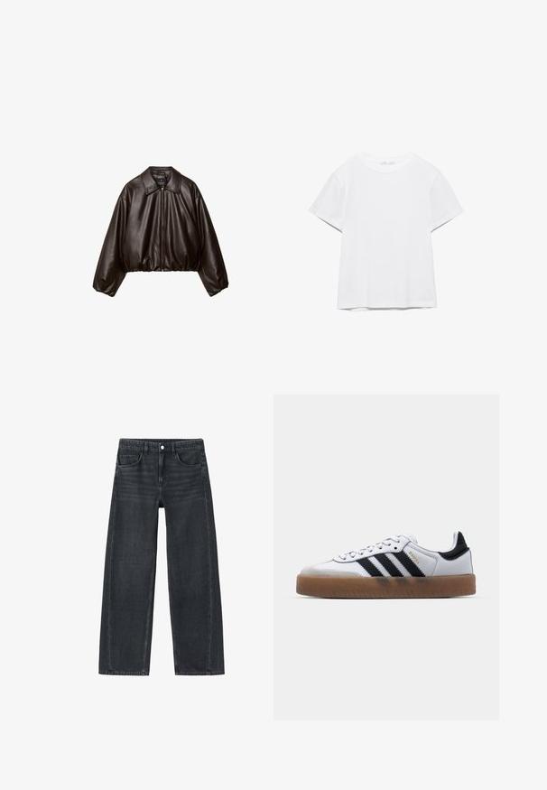 Brun faux læder cropped jakke med krave, lynlås-lukning og pufferærmer, med en glat tekstur og elastisk talje.; Hvid, kortærmet T-shirt med rund hals og lige kant, vist på en hvid baggrund.; Viddebukser i mørkegrå denim. Har forlommer og et klassisk fem-lomme design. Knaplukning og subtile falmede detaljer.; Hvide lædersneakers med sorte striber, gummirubber sål, rund tå, snørelukning og blød grå ruskinds tåhætte.