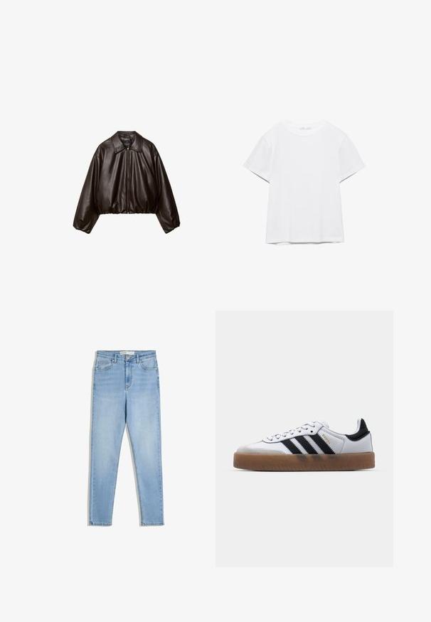 Brun faux læder cropped jakke med krave, lynlås-lukning og pufferærmer, med en glat tekstur og elastisk talje.; Hvid, kortærmet T-shirt med rund hals og lige kant, vist på en hvid baggrund.; Lyseblå denimjeans med høj talje, slanke ben, frontlommer og lynlåsgylf. Stoffet har en subtil falmet vask.; Hvide lædersneakers med sorte striber, gummirubber sål, rund tå, snørelukning og blød grå ruskinds tåhætte.