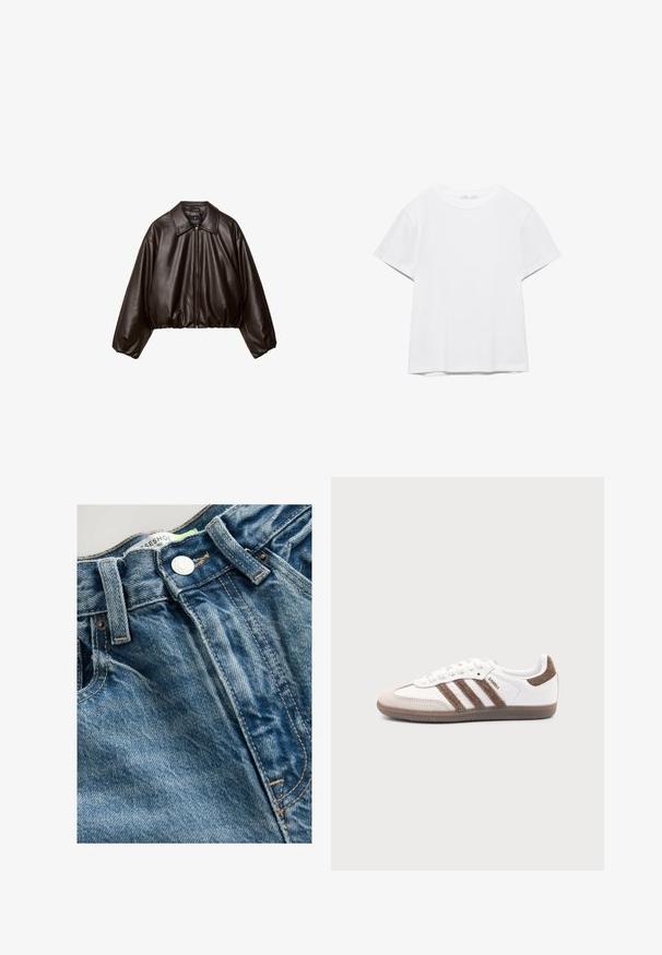 Brun faux læder cropped jakke med krave, lynlås-lukning og pufferærmer, med en glat tekstur og elastisk talje.; Hvid, kortærmet T-shirt med rund hals og lige kant, vist på en hvid baggrund.; Denimjeans har en lys blå farve med whiskeringdetaljer. Linningen inkluderer en metalknap og synlige sømme langs sømmene.; Hvid Adidas Samba sneaker med brune ruskindstriber, brun gummisål og beige ruskindståhætte, vist fra ydersiden på en ensfarvet baggrund.