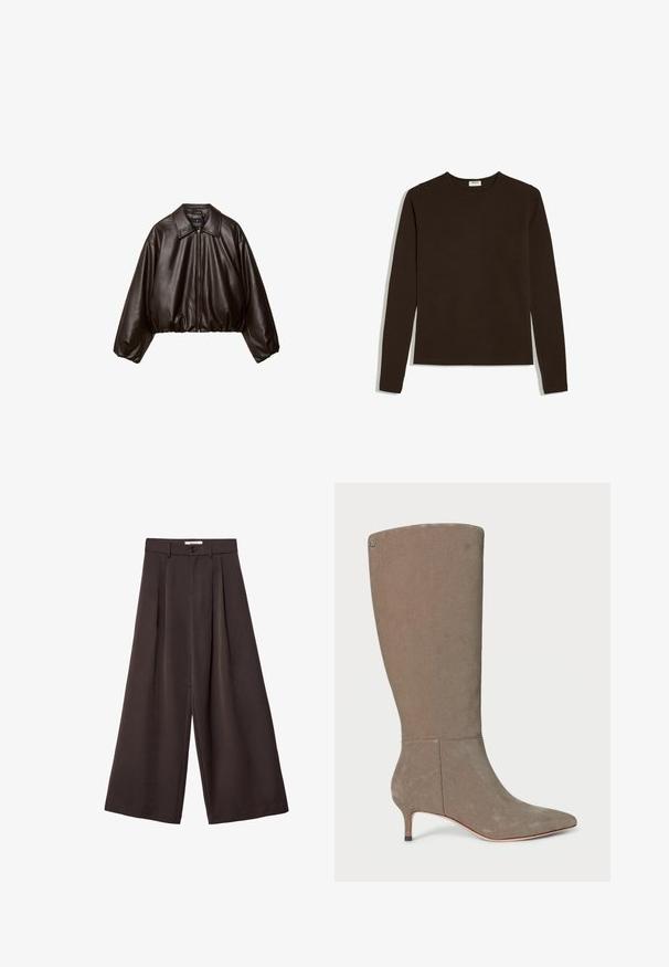 Veste cropped en simili cuir marron avec col, fermeture éclair et manches bouffantes, présentant une texture lisse et une taille élastique.; T-shirt à manches longues brun foncé, col rond, design uni, posé à plat sur fond blanc.; Pantalon à jambes larges en tissu brun foncé, avec des plis, une fermeture par bouton, et une texture lisse ; longueur cheville avec une coupe ajustée.; Botte en suède grise, hauteur genou, à bout pointu et à petit talon, présentant un design épuré et un subtil detail de couture verticale.