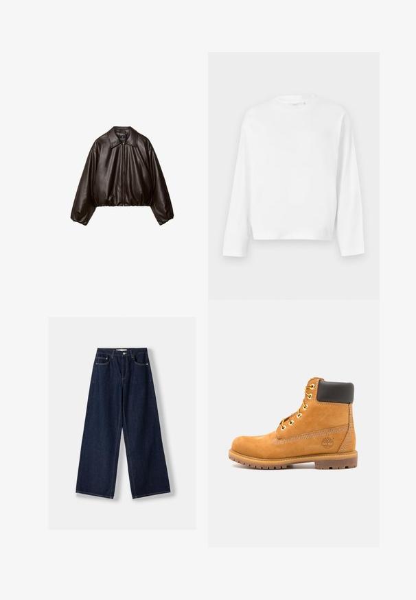 Veste cropped en simili cuir marron avec col, fermeture éclair et manches bouffantes, présentant une texture lisse et une taille élastique.; Gina Tricot T-shirt à manches longues - white; Jean en denim bleu foncé à jambes larges avec fermeture avant par bouton et zip, poches avant et passants pour ceinture, posé à plat sur un fond blanc.; Bottine en cuir marron avec rembourrage noir, œillets dorés et semelle texturée. Présente un logo circulaire sur le côté et des accents de couture.