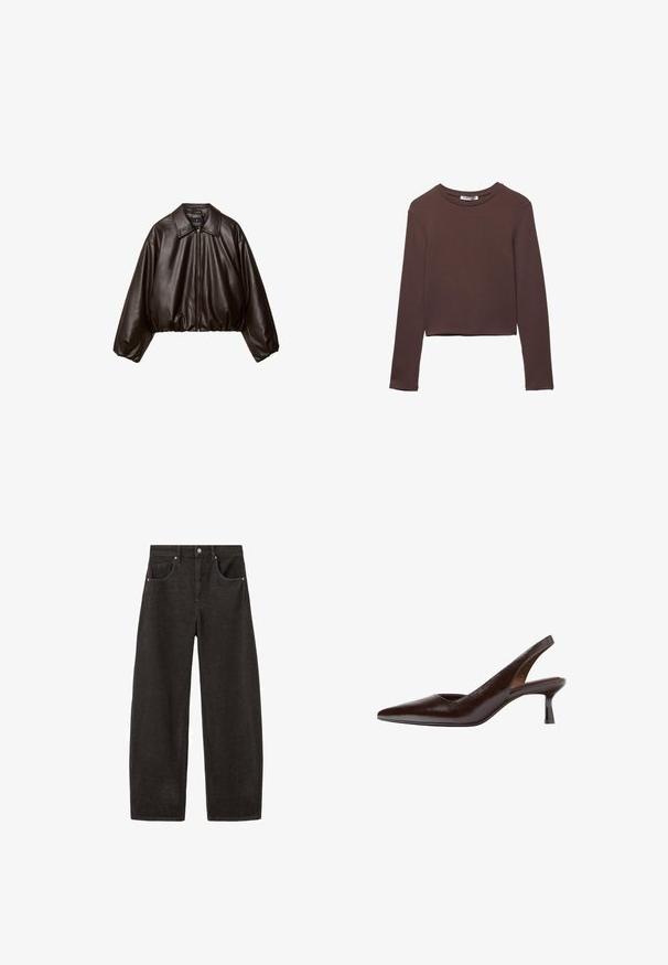 Veste cropped en simili cuir marron avec col, fermeture éclair et manches bouffantes, présentant une texture lisse et une taille élastique.; Chemise cropped à manches longues marron en tissu doux et lisse, avec un col rond et sans motifs ni garnitures visibles.; Jeans noirs à jambes larges en denim, avec une taille haute, cinq poches et des accessoires argentés à l'avant. Texture lisse avec un design minimaliste.; Chaussure slingback en cuir brun foncé à talon kitten avec bout pointu et talon fin de hauteur moyenne sur fond blanc.