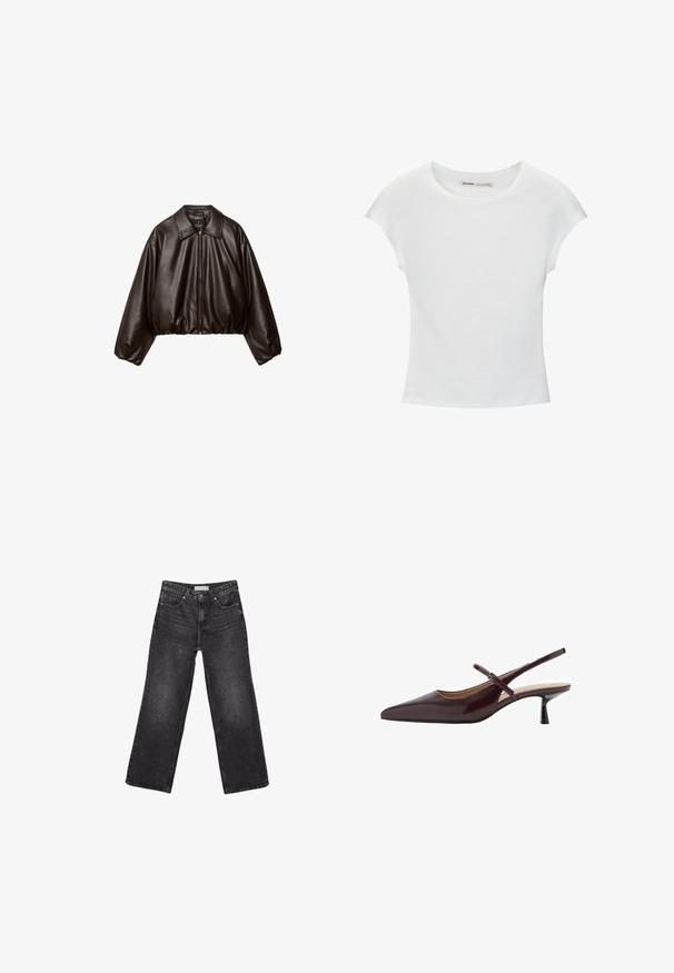 Brun faux læder cropped jakke med krave, lynlås-lukning og pufferærmer, med en glat tekstur og elastisk talje.; Hvid bomuld t-shirt med korte, opsmøgede ærmer, rund halsudskæring og lige kant. Glat tekstur uden synlige mønstre eller detaljer.; Sorte denimjeans med brede ben, for- og baglommer, knaplukning og bæltestropper, lagt fladt på en hvid baggrund.; Bordeaux farvede læder slingback hæle med spidse tæer, slank ankelrem og kitten heel-design. Glat tekstur med en blank finish.