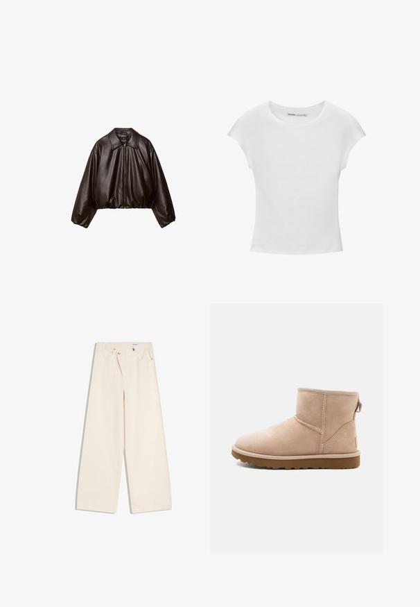 Veste cropped en simili cuir marron avec col, fermeture éclair et manches bouffantes, présentant une texture lisse et une taille élastique.; T-shirt en coton blanc avec manches courtes retroussées, encolure ronde et ourlet droit. Texture lisse sans motifs ni accents visibles.; Pantalon large couleur écru avec poches avant, passants pour ceinture, et boutons argentés sur la ceinture et les bords des poches.; Bottine en daim beige à bout arrondi, avec des accents cousus et une semelle en caoutchouc brun texturé. Elle se distingue par une languette à l'arrière.