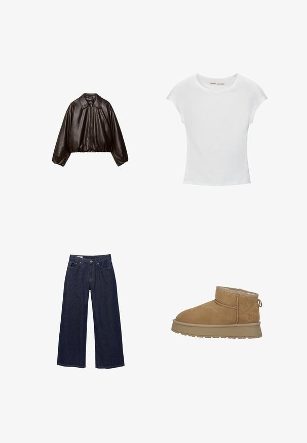 Veste cropped en simili cuir marron avec col, fermeture éclair et manches bouffantes, présentant une texture lisse et une taille élastique.; T-shirt en coton blanc avec manches courtes retroussées, encolure ronde et ourlet droit. Texture lisse sans motifs ni accents visibles.; Jean en denim bleu foncé à jambes larges avec poches avant, passants pour ceinture et fermeture à bouton.; Bottine en suede brun avec doublure en fourrure douce, bout rond et semelle en caoutchouc plate. Présente une couture décorative et une languette à l'arrière.