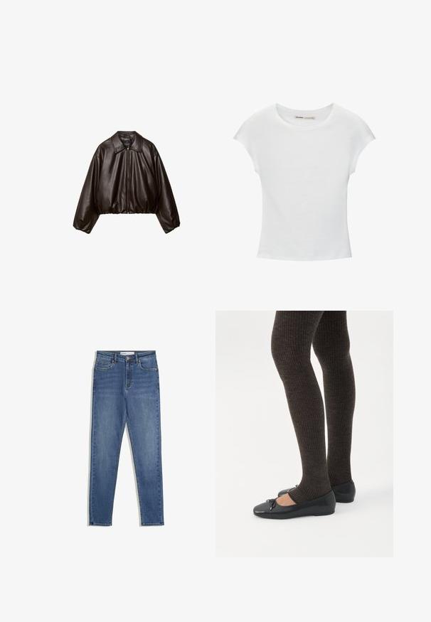 Bruine nep leren cropped jas met een gekraagde kraag, ritssluiting en voluminieuze mouwen, met een gladde textuur en een elastische tailleband.; Witte katoenen T-shirt met korte, opgerolde mouwen, een ronde halslijn en een rechte zoom. Gladde textuur zonder zichtbare patronen of accenten.; Blauwe denim jeans met een hoge taille, slim fit, zijzakken, een ritssluiting en contrasterende stiksels. Gestructureerd ontwerp met een gladde textuur.; Benen met donkere geribbelde leggings gecombineerd met zwarte ballerina's met kleine strikdetails op een witte achtergrond.