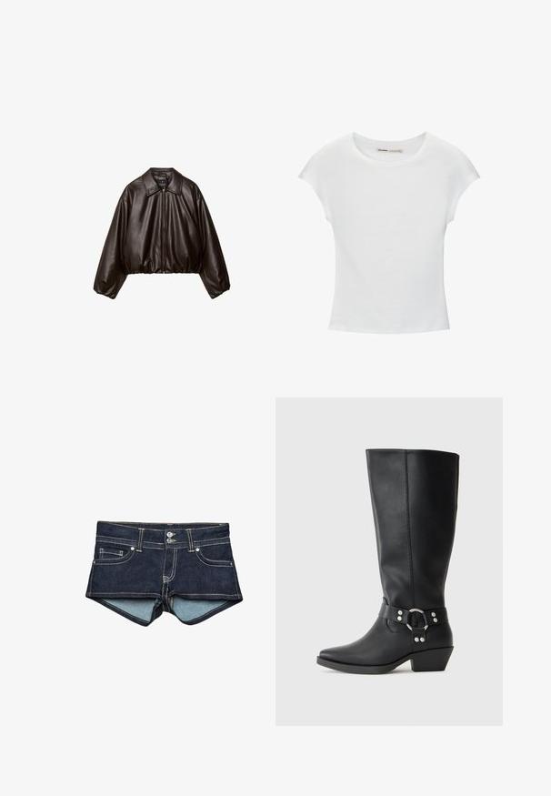 Brun faux læder cropped jakke med krave, lynlås-lukning og pufferærmer, med en glat tekstur og elastisk talje.; Hvid bomuld t-shirt med korte, opsmøgede ærmer, rund halsudskæring og lige kant. Glat tekstur uden synlige mønstre eller detaljer.; Denim shorts i mørkeblå med lyseblå indvendig foring, med forlommer, to knapper og kontrastsyning på taljen.; Sorte læderknæhøje støvler med spids tå, der har en dekorativ ankelrem og sølvfarvede hardware-detaljer. Lav stablet hæl.