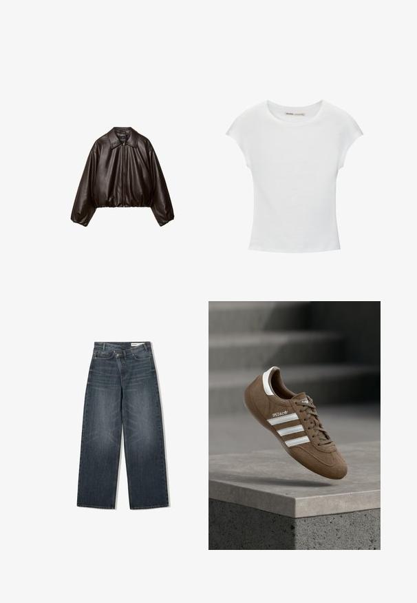 Bruine nep leren cropped jas met een gekraagde kraag, ritssluiting en voluminieuze mouwen, met een gladde textuur en een elastische tailleband.; Witte katoenen T-shirt met korte, opgerolde mouwen, een ronde halslijn en een rechte zoom. Gladde textuur zonder zichtbare patronen of accenten.; Donker gewassen spijkerbroek met een wijde pijpdesign, voorzien van een hoge taille, vijf zakken en subtiele wassing aan de voorkant.; Bruine suède Adidas Spezial sneaker met witte strepen en veters, zwevend boven een grijze betonnen richel tegen een vervaagde trap op de achtergrond.