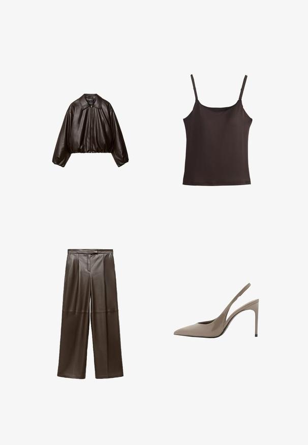 Brun faux læder cropped jakke med krave, lynlås-lukning og pufferærmer, med en glat tekstur og elastisk talje.; Mørkebrun ærmeløs camisole med tynde justerbare skulderstropper, glat stof og lige kant.; Brune læder brede bukser med en glat tekstur, der har folder foran og et klassisk taljebånddesign.; Beige patentlæder slingback højhælede sko med spidse tæer og et strømlinet design, som har en tynd høj hæl og et udsnit på siden.