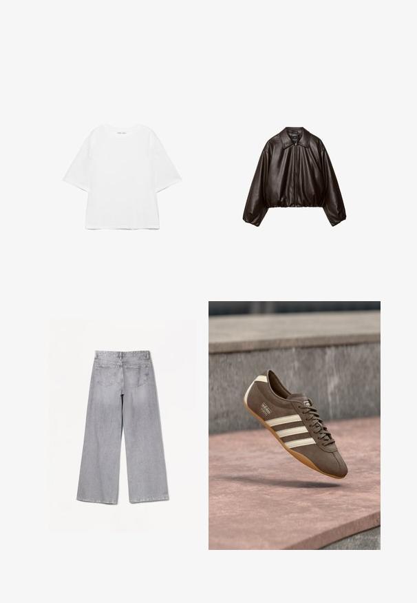 Veste cropped en simili cuir marron avec col, fermeture éclair et manches bouffantes, présentant une texture lisse et une taille élastique.; T-shirt blanc oversize à manches courtes avec col rond, design uni, et coutures d'épaule tombantes sur fond blanc.; Jean large gris à taille haute, avec une texture lisse, deux poches arrière et des détails de couture subtils.; Baskets en daim marron avec des rayures blanches et un logo, dotées d'un bout rond et d'une semelle en caoutchouc gomme, suspendues au-dessus d'une surface texturée.