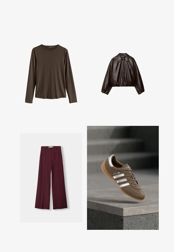 Veste cropped en simili cuir marron avec col, fermeture éclair et manches bouffantes, présentant une texture lisse et une taille élastique.; Chemise marron à manches longues en tissu lisse. Elle présente un col rond et un ourlet droit, sans motifs ni accents visibles.; Pantalon large bourgogne en tissu lisse, doté d'une fermeture à bouton sur le devant et de plis nets pour une allure soignée.; Baskets en daim marron avec des rayures blanches et des accents argentés, dotées d'une tige texturée, d'un système de laçage et d'une semelle en caoutchouc gomme.