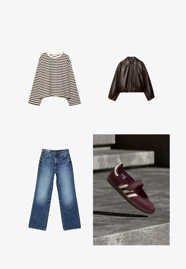 Veste cropped en simili cuir marron avec col, fermeture éclair et manches bouffantes, présentant une texture lisse et une taille élastique.; Chemise courte à manches longues avec des rayures horizontales noires et blanches et un col rond, présentée sur un fond blanc.; Jean denim bleu à jambes larges avec poches avant et poche monnaie, fermeture à boutons, et lavage délavé sur les cuisses et les genoux.; Chaussure de sport bordeaux avec une bride, des bandes blanches sur les côtés, une semelle en caoutchouc texturée et une tige en matériau lisse. Ajustement réglable avec intérieur rembourré.
