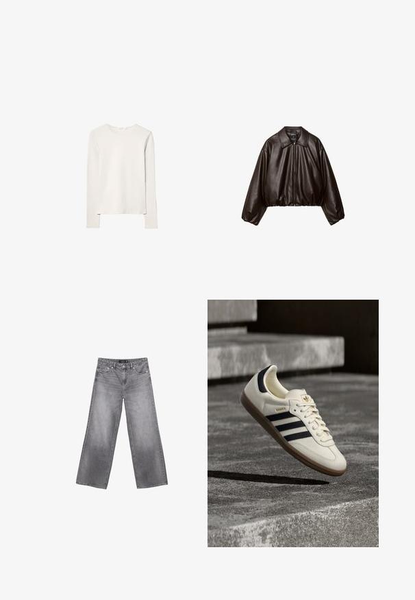 Veste cropped en simili cuir marron avec col, fermeture éclair et manches bouffantes, présentant une texture lisse et une taille élastique.; T-shirt à manches longues en coton beige clair. Col rond avec ourlet droit, coutures minimales et texture lisse. Design simple sans motifs ni embellissements.; Jeans gris à jambes larges avec poches avant, passants de ceinture et fermeture par bouton, présentant des détails délavés sur les cuisses et les genoux.; Baskets blanches Adidas Samba avec des bandes noires et une semelle en gomme, flottant au-dessus de marches en béton gris texturé.
