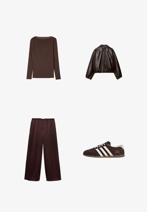Brun faux læder cropped jakke med krave, lynlås-lukning og pufferærmer, med en glat tekstur og elastisk talje.; Brun langærmet T-shirt med rund hals, enkel og tætsiddende design uden synlige mønstre eller logoer.; Bukser med vide ben i mørkebrun med et tekstureret stof. Har elastik i taljen og en løs pasform for bevægelsesfrihed.; Brune ruskindssneakers med tre hvide striber, gummisål og tekstlabel med ordene "Gazelle" i guld. Snørebåndsdesign med grå snørebånd.