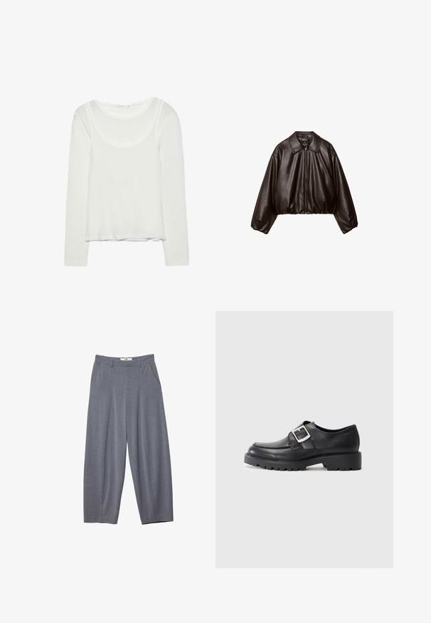 Veste cropped en simili cuir marron avec col, fermeture éclair et manches bouffantes, présentant une texture lisse et une taille élastique.; Haut superposé à manches longues blanc pour femmes avec encolure dégagée et silhouette ajustée, présenté à plat sur un fond blanc.; Stradivarius SMART BAGGY WITH SEAM DETAIL - Pantalon classique - grey; Chaussures en cuir noir avec un bout arrondi, présentant un détail de boucle sur le côté et une semelle épaisse et robuste. Texture lisse avec peu de coutures.