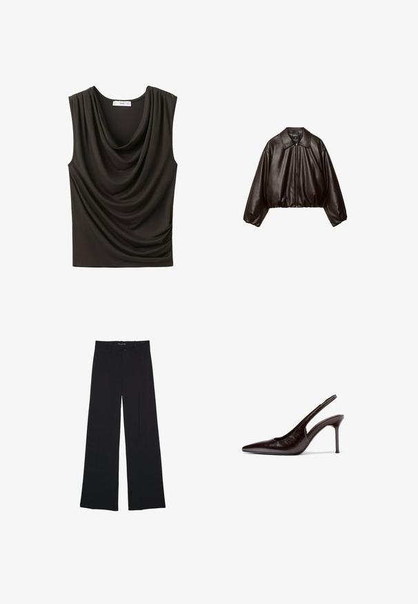 Veste cropped en simili cuir marron avec col, fermeture éclair et manches bouffantes, présentant une texture lisse et une taille élastique.; Haut noir sans manches avec encolure drapée et doux plis sur un côté, en tissu lisse.; Pantalon noir à jambes larges avec passants de ceinture, bouton frontal et fermeture éclair, étalé à plat sur un fond blanc.; Chaussure à talon haut pour femmes en cuir marron foncé, avec bride arrière, bout pointu et talon aigu slim, sur fond blanc.