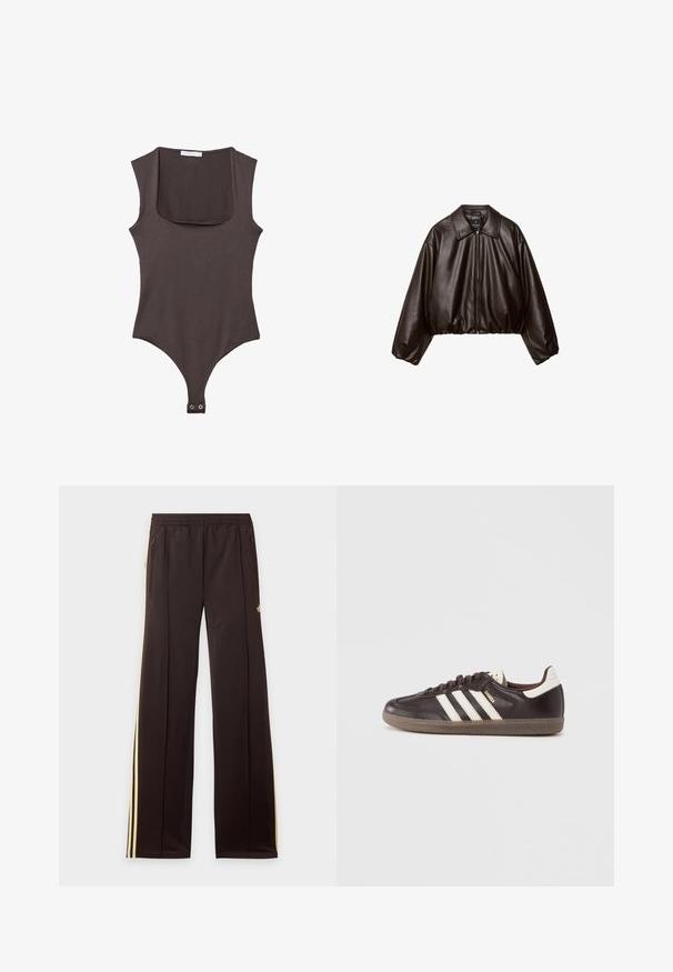 Veste cropped en simili cuir marron avec col, fermeture éclair et manches bouffantes, présentant une texture lisse et une taille élastique.; Bodysuit sans manches marron avec un col carré, fabriqué en tissu doux. Comprend une fermeture à pression en bas et une silhouette ajustée.; Pantalon de survêtement noir avec des bandes latérales jaunes, taille élastique, poches latérales zippées et un petit logo sur la partie supérieure de la cuisse.; Baskets en cuir marron foncé avec un design à trois bandes blanches, une semelle en caoutchouc et l'inscription "Samba" en lettres dorées sur le côté. Forme classique basse.