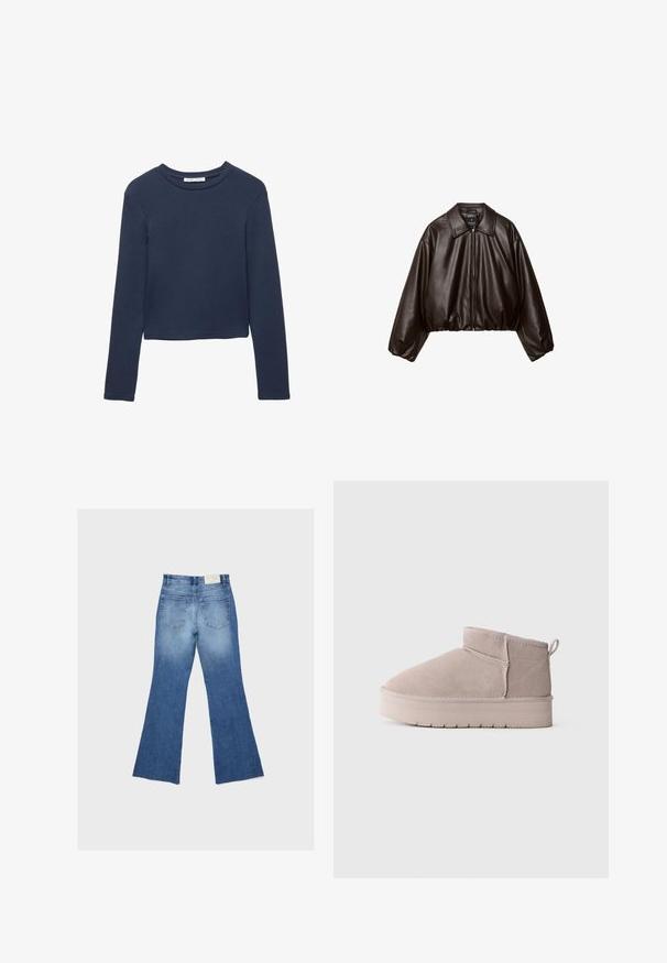 Braune Kunstleder-Cropped-Jacke mit Kragen, Reißverschluss und gepufften Ärmeln, aus glattem Material und mit elastischem Bund.; Dunkelblauses, langärmliges, verkürztes Shirt mit Rundhalsausschnitt, auf einem weißen Hintergrund flach ausgelegt.; Blaue Jeans aus Denim mit ausgestellten Beinen und zwei Gesäßtaschen, flach auf einem hellgrauen Hintergrund präsentiert.; Beige Wildleder-Winterstiefel mit niedrigem Schaft, dicker Sohle und praktischem Ziehschlauf auf schlichtem weißen Hintergrund, im Seitenprofil dargestellt.