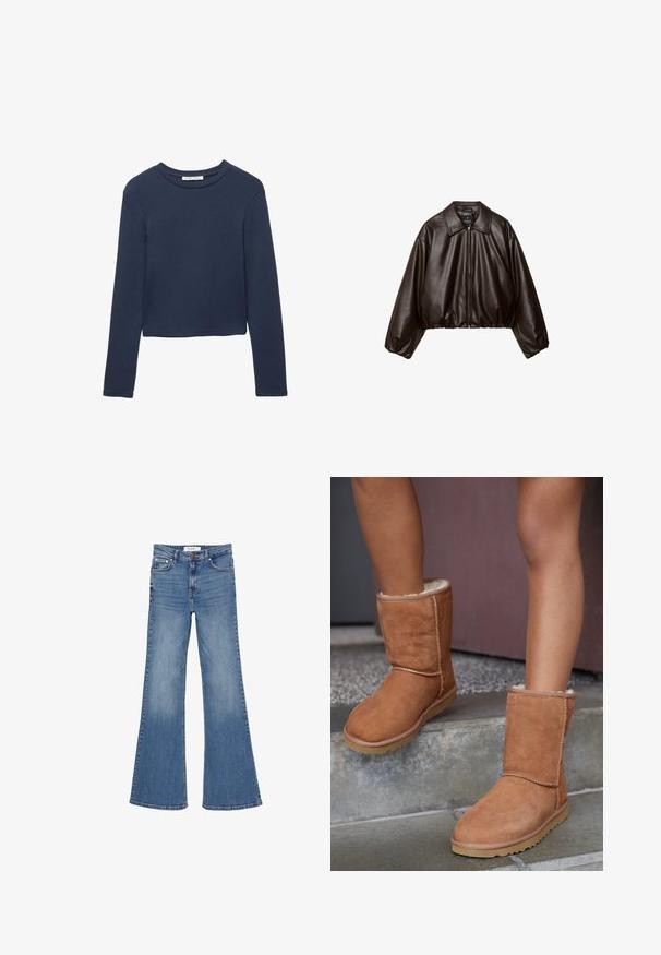 Bruine nep leren cropped jas met een gekraagde kraag, ritssluiting en voluminieuze mouwen, met een gladde textuur en een elastische tailleband.; Donkerblauw langemouwen cropped shirt met ronde hals, plat weergegeven op een witte achtergrond.; Blauwe denim jeans met hoge taille en uitlopende pijpen, knoop- en ritssluiting, voor- en achterzakken, getoond op een witte achtergrond.; Bruine suède enkellaarsjes met een ronde neus, zachte voering en een rubberen zool, met zichtbaar stiksel langs de naden.
