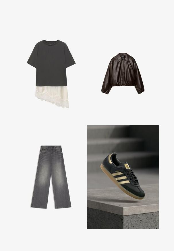Veste cropped en simili cuir marron avec col, fermeture éclair et manches bouffantes, présentant une texture lisse et une taille élastique.; Haut noir à manches courtes avec un ourlet asymétrique orné d'une bordure en dentelle blanche dépassant sous le tissu principal.; Jean en denim gris à taille haute avec jambes larges, détails délavés, bouton et fermeture éclair à l'avant, et poches, sur un fond blanc.; Baskets Adidas Samba noires avec des bandes dorées et une semelle en gomme, flottant au-dessus d'une surface en béton avec des escaliers flous en arrière-plan.