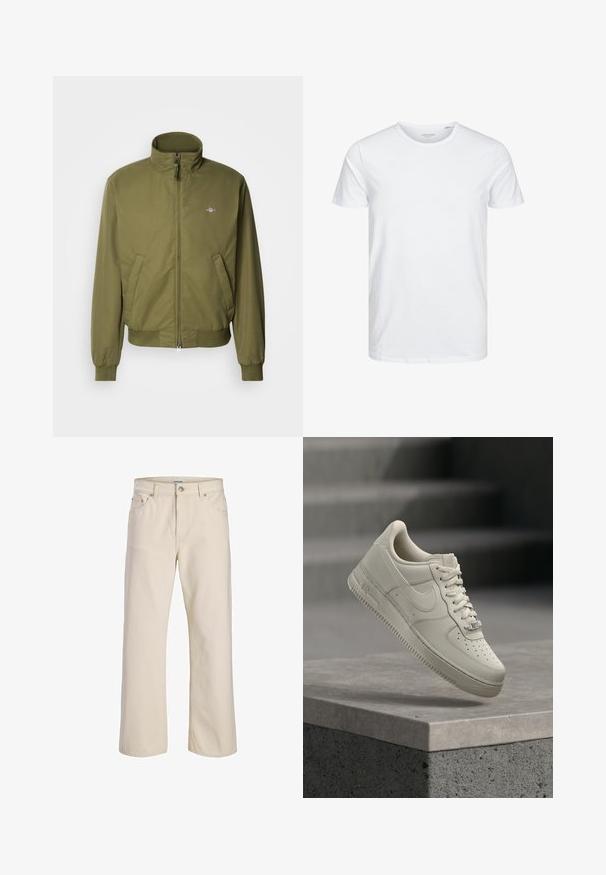 GANT HAMPSHIRE JACKET - Καλοκαιρινό μπουφάν - moss green; Μπλούζα κοντομάνικη με στρογγυλή λαιμόκοψη σε λευκό χρώμα, φτιαγμένη από απαλό βαμβάκι, διαθέτει απλό σχέδιο χωρίς ορατά μοτίβα ή διακοσμητικά.; Τζιν σε κρεμ απόχρωση με ίσια γραμμή, πέντε τσέπες και κλείσιμο με κουμπί, με ετικέτα Jack & Jones στη μέση.; Μοναδικό μπεζ αθλητικό παπούτσι με κορδόνια αιωρείται πάνω από γκρι τσιμεντένια επιφάνεια, το λογότυπο της Nike ορατό, το φόντο με τη σκάλα είναι θολό.