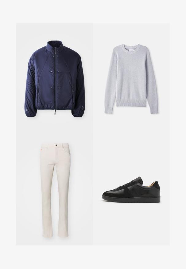 Veste doudoune marine avec un col haut, fermeture éclair à l'avant, poches latérales, poignets élastiques et ourlet froncé pour l'isolation et un ajustement optimal.; Pull en tricot gris clair avec un col rond, des manches longues, des poignets et un bas côtelés, présentant un motif de tissage texturé sur l'ensemble.; Jean droit beige en mélange de coton. Présente un design traditionnel à cinq poches et une fermeture à bouton métallique à la taille.; Tiger of Sweden BELLICU - Baskets basses - black
