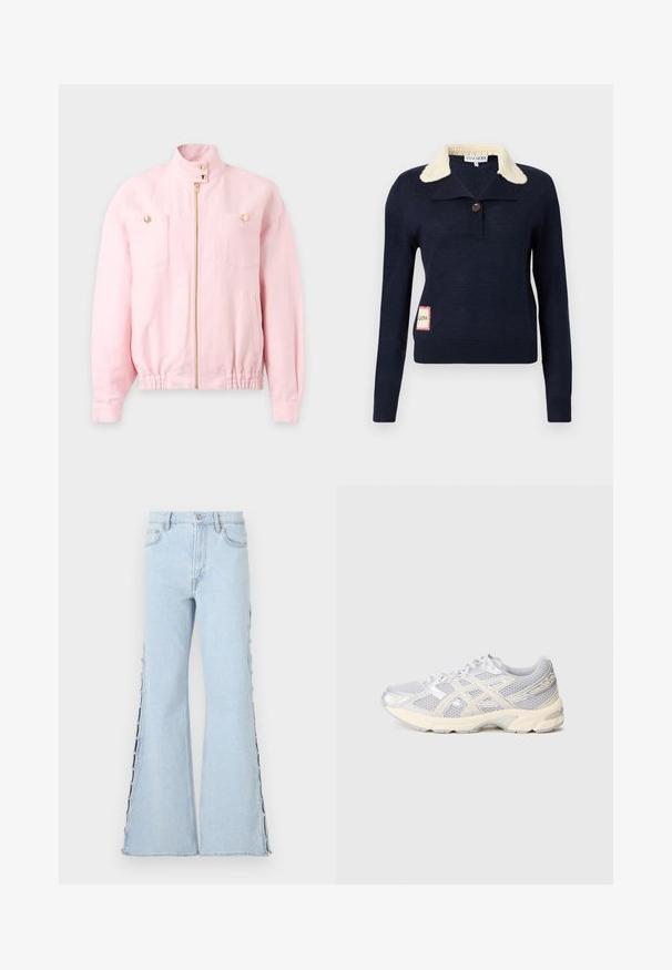 Veste rose clair avec fermeture éclair à l'avant, col montant avec fermeture à boutons, deux poches poitrine à rabat avec boutons dorés et taille élastique.; Pull bleu marine à manches longues avec col texturé crème, un bouton simple au niveau du cou, et une petite pièce rectangulaire sur le côté inférieur.; Jeans évasés bleu clair, avec une taille haute, ornés de boutons le long des coutures latérales et d'une texture en denim douce.; Chaussure de sport gris clair avec une tige en filet, des accents argentés, un bout arrondi et une semelle rembourrée. Dispose d'un laçage pour un ajustement sécurisé.