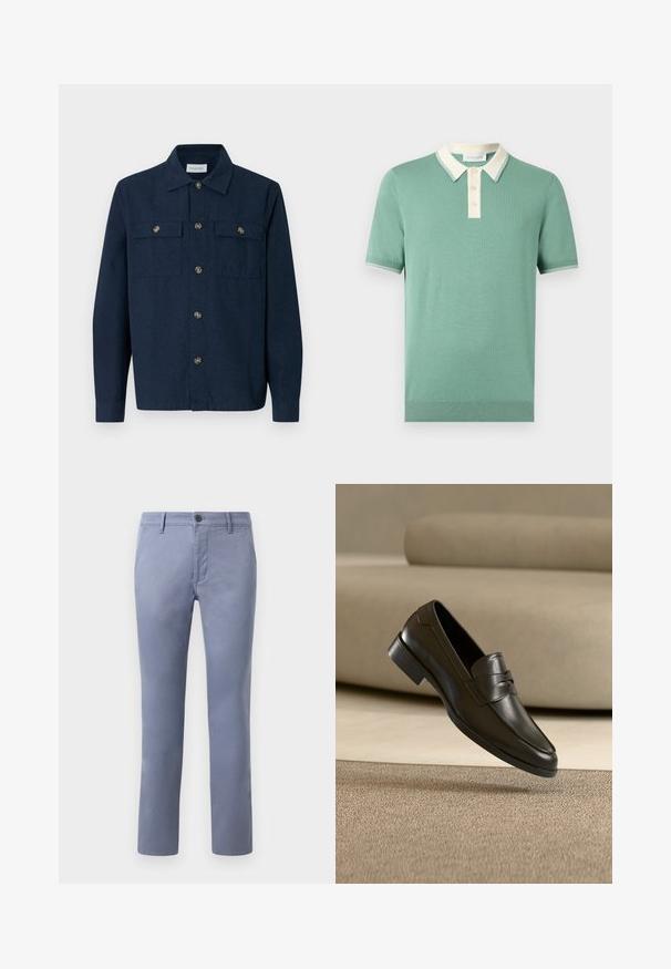 Camisa azul marino abotonada hecha de tela con una textura suave, con dos bolsillos delanteros y botones de tono dorado.; Polo verde de punto de manga corta con cuello y tapeta de botones contrastantes en blanco, puños y dobladillo acanalados.; Chinos de algodón azul claro con un corte ajustado, que cuentan con cierre de botón, cinturilla con trabillas y bolsillos laterales, textura suave y perneras rectas.; Zapato mocasín de cuero negro flotando sobre una alfombra beige con un sofá beige en el fondo, mostrando el diseño clásico para hombres sin cordones.