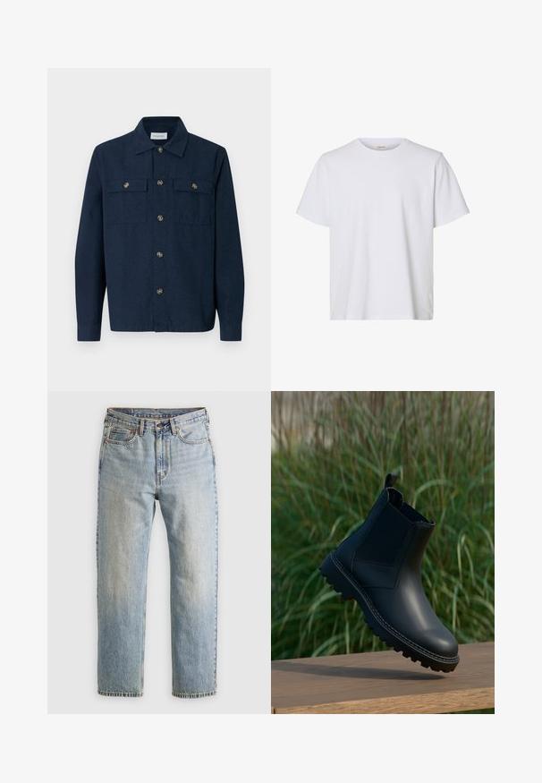 Camisa azul marino abotonada hecha de tela con una textura suave, con dos bolsillos delanteros y botones de tono dorado.; Camiseta blanca lisa de manga corta con cuello redondo, ajuste regular y textura de tela suave, presentada sobre un fondo blanco.; Jeans de mezclilla azul claro de cintura alta, con botón frontal, cremallera y diseño de cinco bolsillos, dispuestos sobre un fondo neutro.; Bota negra de cuero hasta el tobillo con tirador y paneles laterales elásticos flotando sobre una superficie de madera, con hierba verde desenfocada en el fondo.