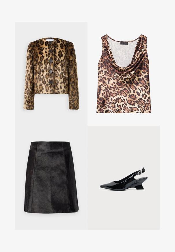 Leopardmønstret faux fur jakke med rund halsudskæring, fem mørke knapper og lange ærmer. Blød tekstur og kort design.; Top med leopardprint, uden ærmer, med draperet halsudskæring, silkeagtig tekstur, brun og beige farveskema, med fede sorte pletter og glat finish.; Sort læder mini-nederdel med en glat, tekstureret overflade. Har en tætsiddende talje og rene linjer, der fremhæver det strømlinede design.; Sort laklæder slingback sko med spids tå og lav vinklet blokhæl på ensartet lys baggrund.