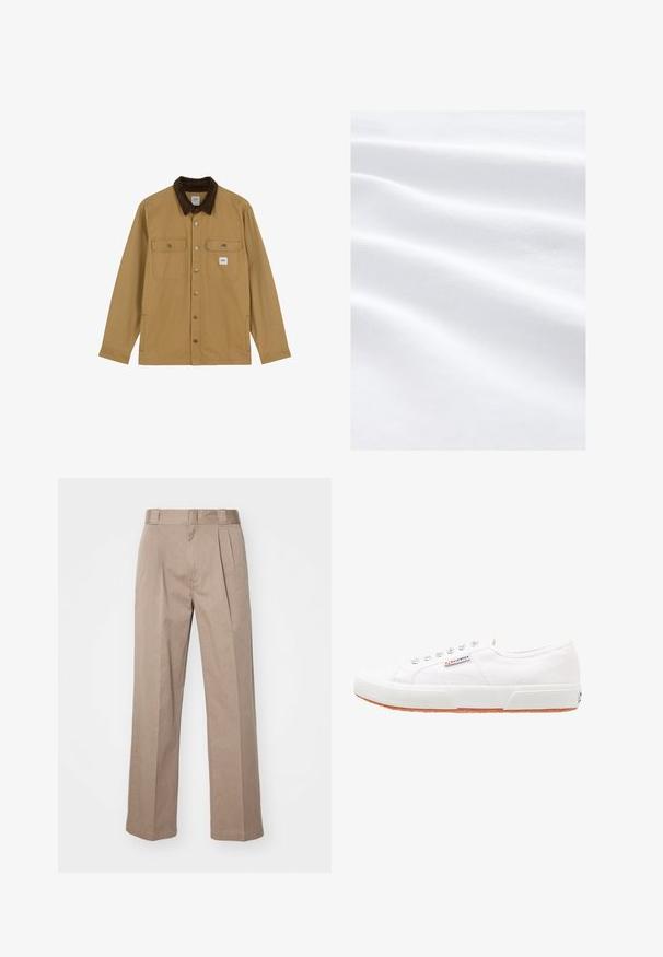Tan button-up jas met donkerbruine corduroy kraag, twee borstklepzakken met knopen en zijzakken.; Zacht, glad wit stof met subtiele horizontale vouwen en een fijn, gestructureerd weefpatroon, gelijkmatig verlicht zonder schaduwen.; Beige, hoge taille broek met een wijde pijpontwerp. Bevat twee voorplooien en een soepele textuur. Standaard lengte met een nette afwerking.; Witte canvas sneakers met een rubberen zool, vetersluiting en een klein logolabel aan de zijkant. Gewreven wit bovenwerk en een bruine zool.