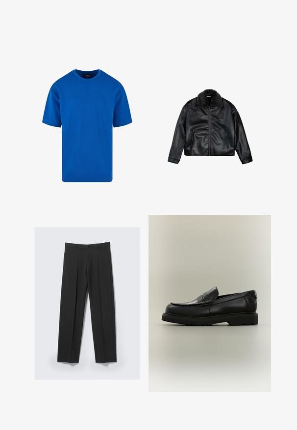 Chaqueta de cuero negra con cuello de piel sintética, dos bolsillos laterales y un acabado texturizado. Incluye una cremallera frontal y un detalle bordado.; Camiseta azul de mangas cortas hecha de algodón, con un cuello redondo clásico y un corte relajado. Textura suave sin patrones ni acentos visibles.; Pantalones negros a medida con pinzas delanteras, bolsillos laterales, trabillas para cinturón y cierre de botón en la cintura sobre un fondo claro.; Mocasín de cuero negro con suela gruesa de goma, detalle de tira para moneda y diseño de puntera cosida estilo mocasín sobre un fondo neutro.