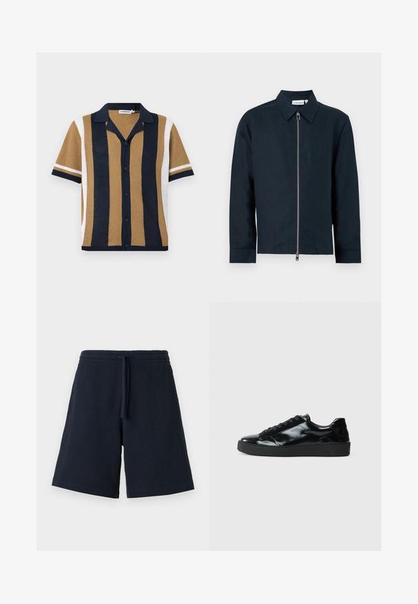 Veste chemise bleu marine foncé à manches longues avec col pointu et fermeture éclair argentée pleine longueur devant au centre.; Chemise en maille à manches courtes avec rayures verticales bleu marine, beige et blanc, boutonnée à l'avant et col ouvert.; Shorts bleu marine en maille gaufrée avec taille élastique et cordon de serrage devant, longueur genou et style décontracté.; Baskets en cuir verni noir avec un bout arrondi, un laçage, une semelle en caoutchouc texturé et une finition lisse.