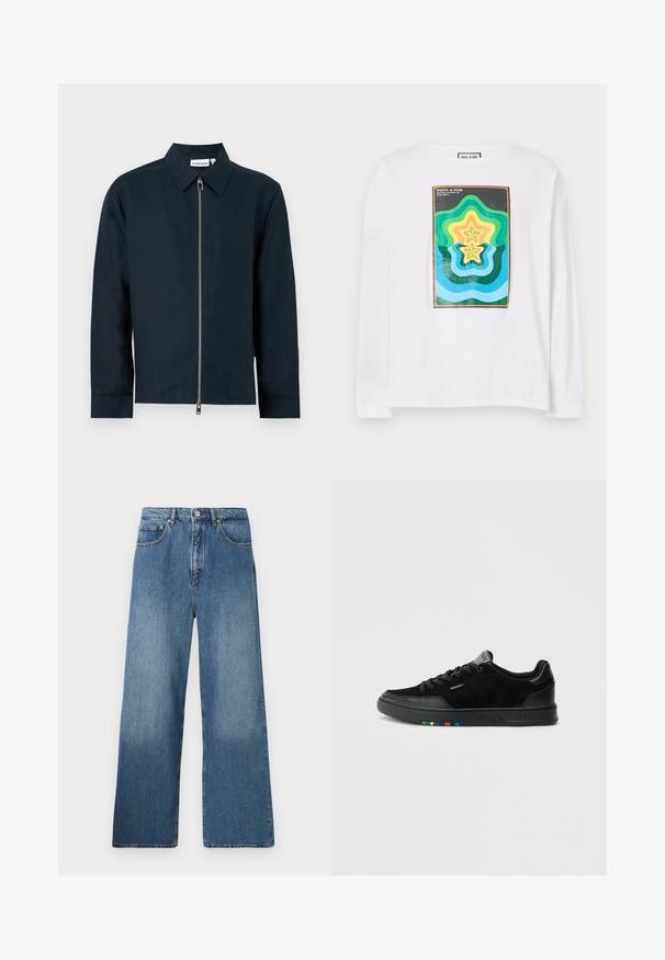 Donker marineblauw overhemdjack met lange mouwen, puntige kraag en zilveren ritssluiting over de hele lengte middenvoor.; Witte lange mouwen t-shirt met een kleurrijke geometrische print met gelaagde stervormen in groen, geel en blauw, omrand door een donkere rand.; Lange blauwe denim jeans met een klassiek vijf-pocket ontwerp, voor sluiting met een knoop en een lichte vervaging voor textuur.; Zwarte suède sneakers met een gladde textuur, voorzien van een zwarte rubberen zool en meerkleurige accenten aan de zijkant van de zool.